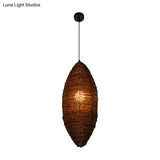 Modern Rattan Pendant Light With Coffee Finish - Single Bulb Suspension Lamp In Cocoon Shape
