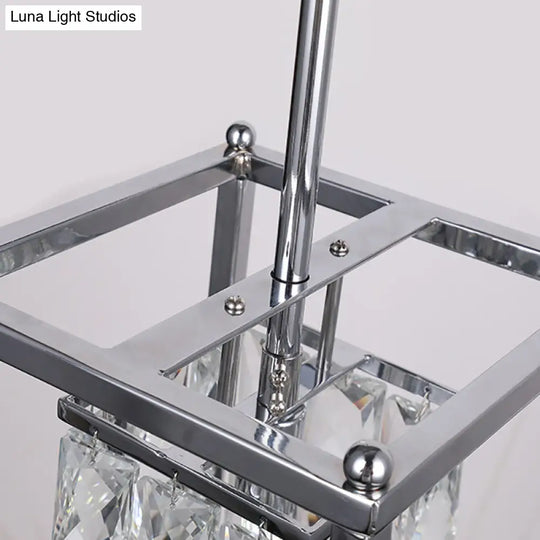 Modern Rectangle Cage Balcony Pendant Lamp With Clear Crystal Shade - Nickel Finish