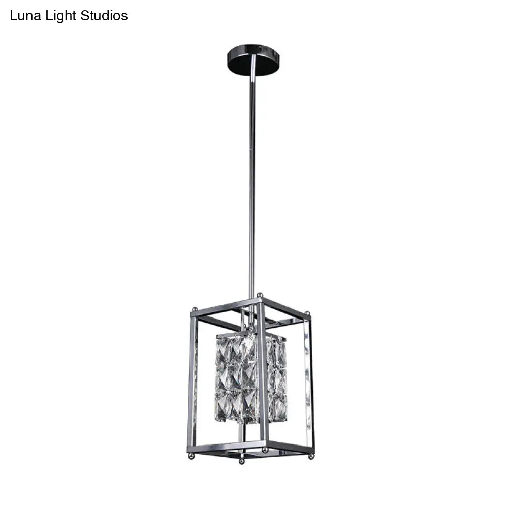 Modern Nickel Rectangle Cage Balcony Pendant Lamp - Inner Clear Crystal Shade 1 Light Ceiling