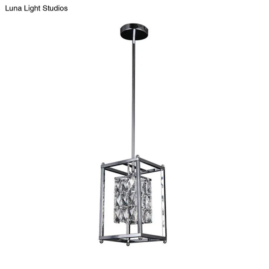 Modern Nickel Rectangle Cage Balcony Pendant Lamp - Inner Clear Crystal Shade 1 Light Ceiling