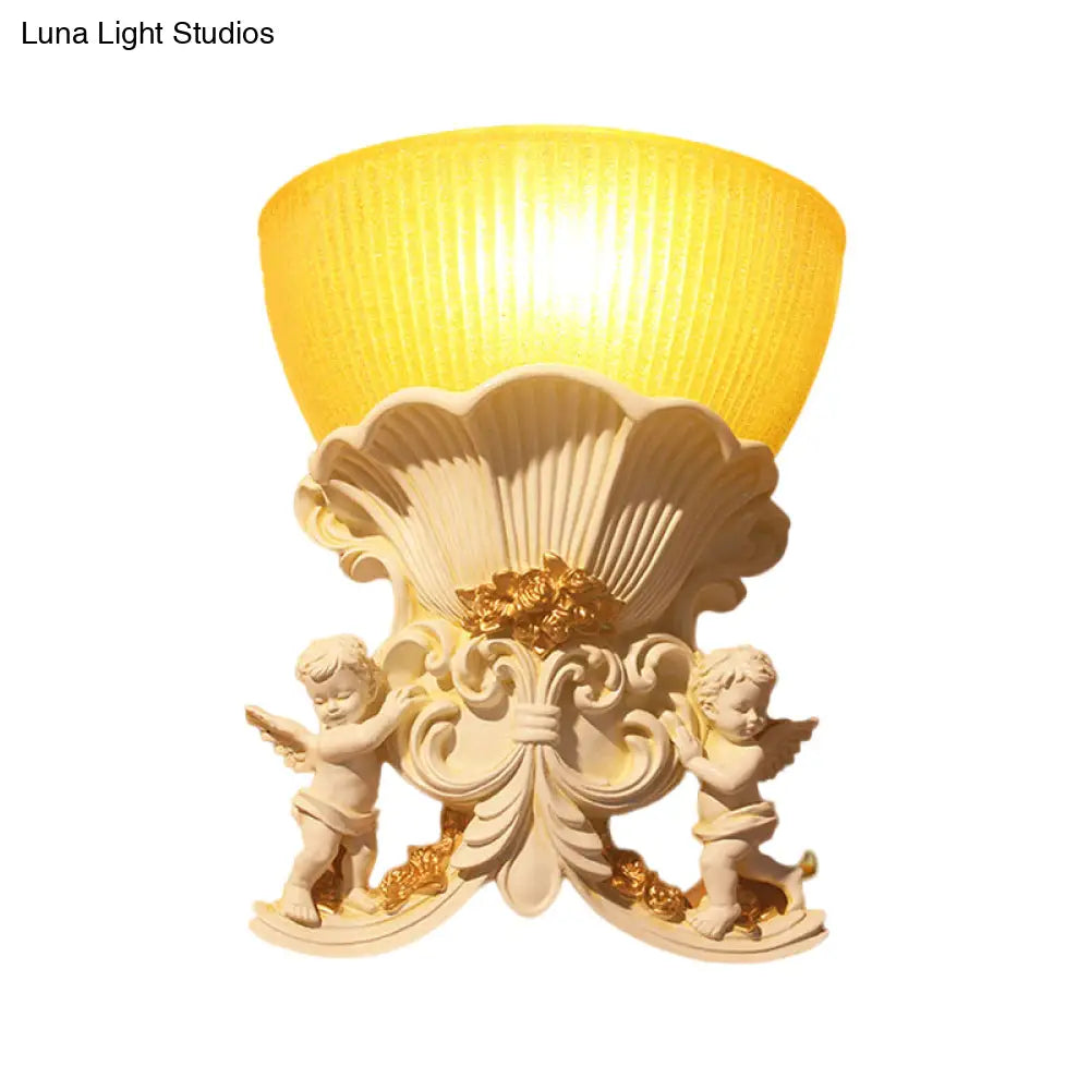 Modern Resin Angel Sconce Light Indoor Wall Mount Beige/Gold/White Finish With Yellow Glass Bowl