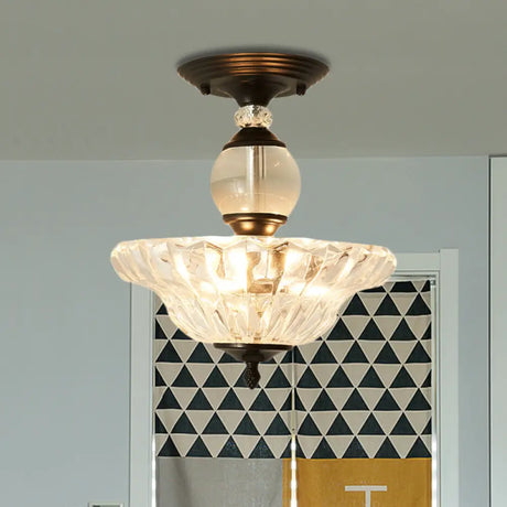 Modern Ribbed Glass Semi Flush Mount Light In Black/Gold - 12’/16’ Diameter 1 Crystal Ceiling