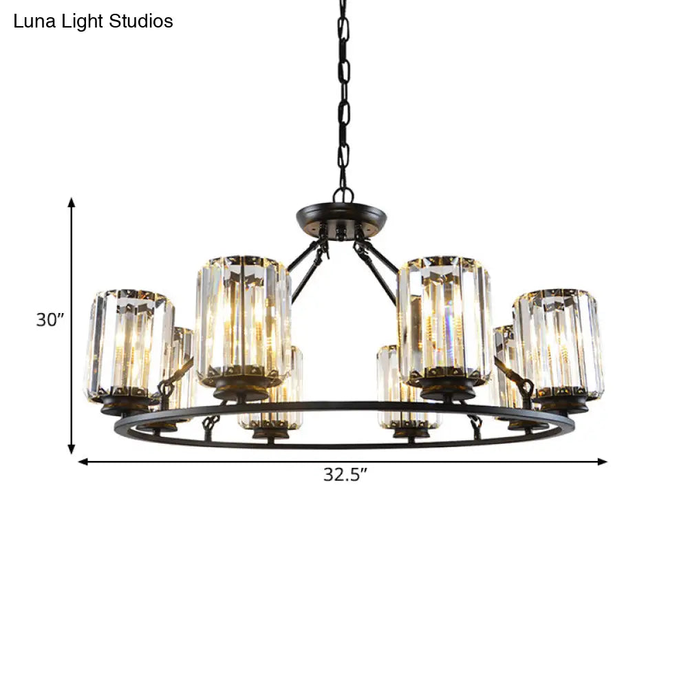 Modern Ring Crystal Chandelier With Clear Cylinder Shade - 6 Or 8 Bulbs Black Suspension Lamp