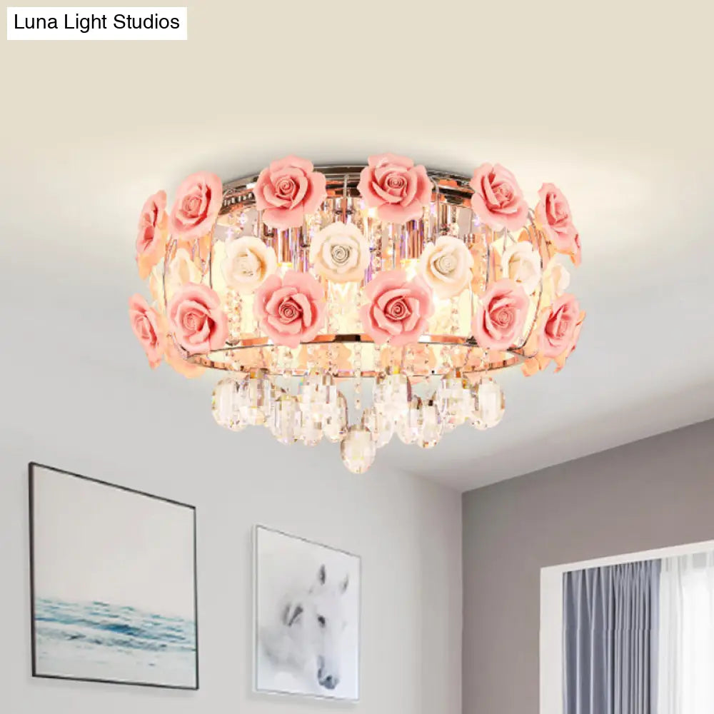 Modern Romantic Crystal Flush Mount Chandelier - Pink Blooming Rose Ceiling Light 8-Bulb