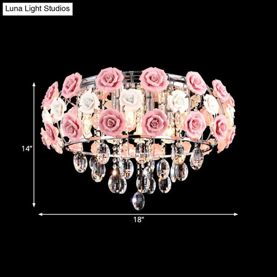 Modern Romantic Crystal Flush Mount Chandelier - Pink Blooming Rose Ceiling Light 8-Bulb