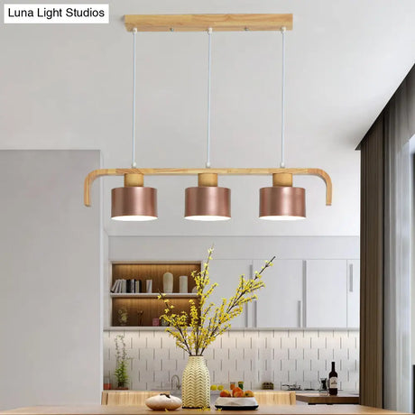 Modern Rose Gold Drum Island Chandelier With Multicolored Wood Accent - 3/4 Head Hanging Light For