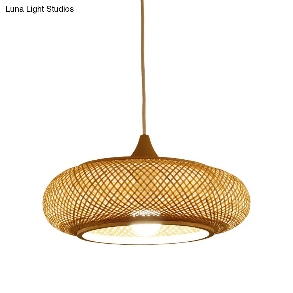 Modern Round Bamboo Pendant Lamp - Beige 1 Head Ceiling Light For Tea Room