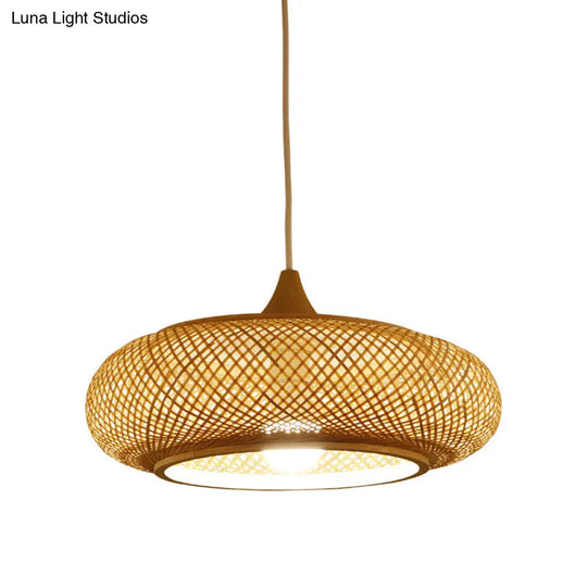 Modern Round Bamboo Pendant Lamp - Beige 1 Head Ceiling Light For Tea Room