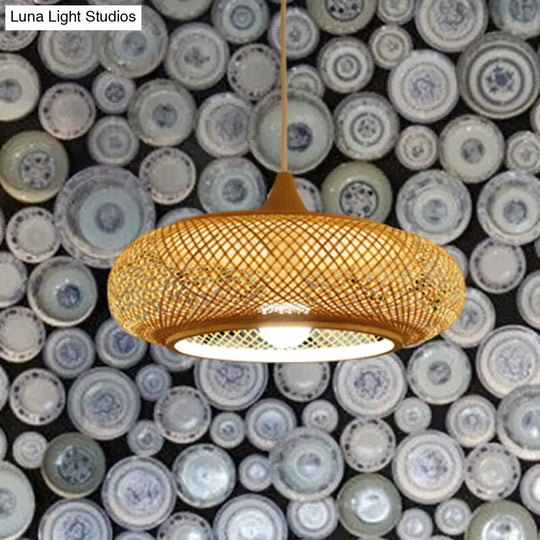 Modern Round Bamboo Pendant Lamp For Tea Room - Beige Ceiling Light