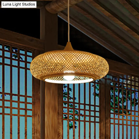 Modern Round Bamboo Pendant Lamp For Tea Room - Beige Ceiling Light