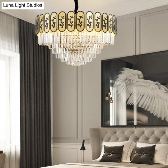 Modern Round Chandelier With Flower Pattern In Brass For Bedroom - Crystal And Metal Hanging Light /