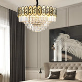 Modern Round Chandelier With Flower Pattern Crystal And Metal Hanging Light For Bedroom - Brass
