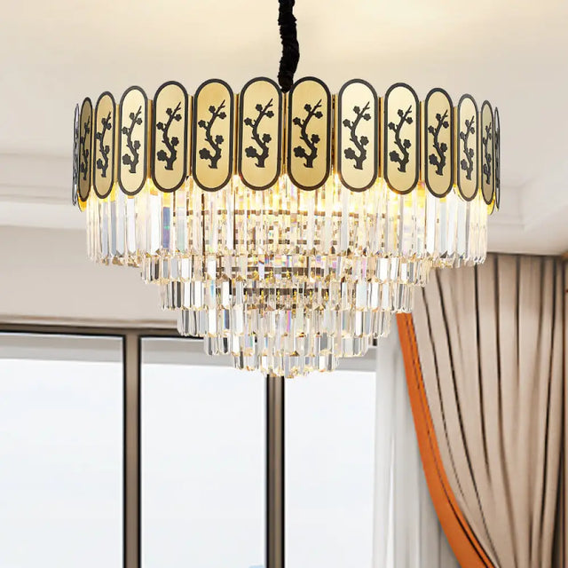 Modern Round Chandelier With Flower Pattern Crystal And Metal Hanging Light For Bedroom - Brass