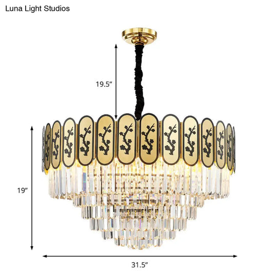 Modern Round Chandelier With Flower Pattern In Brass For Bedroom - Crystal And Metal Hanging Light