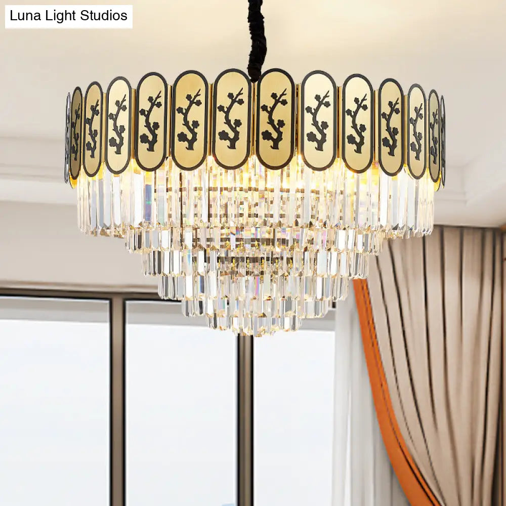Modern Round Chandelier With Flower Pattern Crystal And Metal Hanging Light For Bedroom - Brass