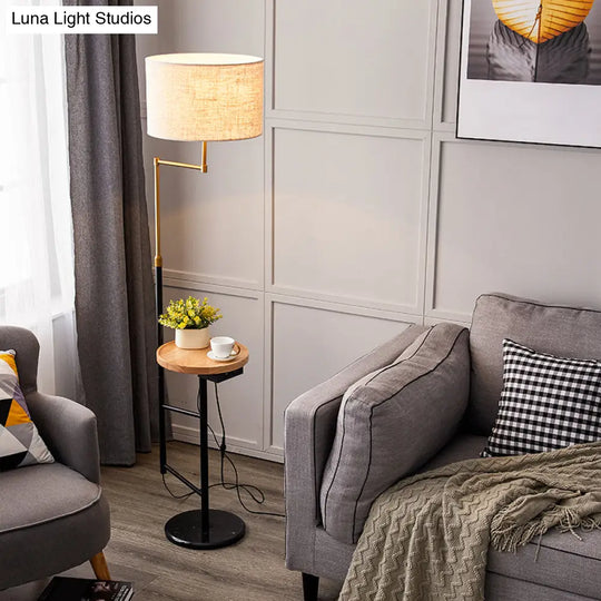 Modern Round Floor Lamp With Fabric Shade And Wood Tray For Living Room