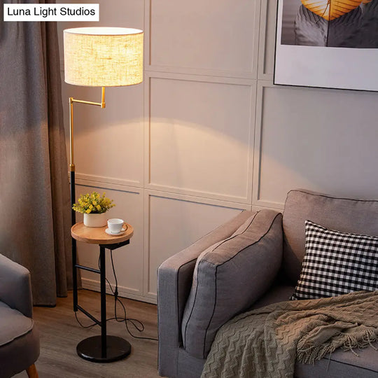 Modern Round Floor Lamp With Fabric Shade And Wood Tray For Living Room