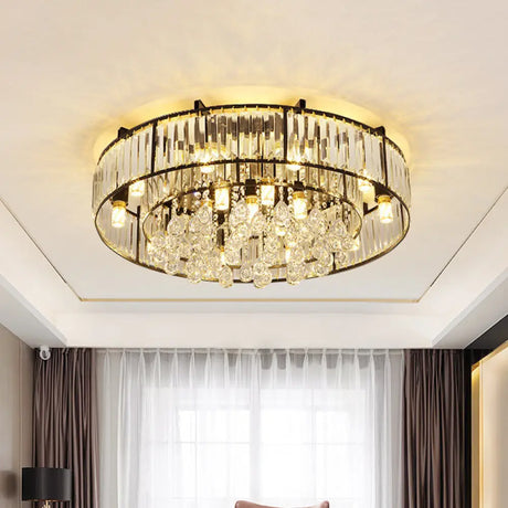 Modern Round Flush Mount Ceiling Light With Crystal Draping - 7/13 - Light Options 13 / Black