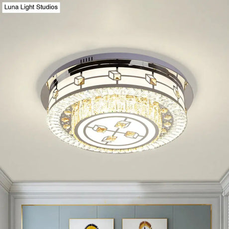 Modern Round Flush Mount Led Ceiling Lamp With Beveled Crystals In Stainless Steel