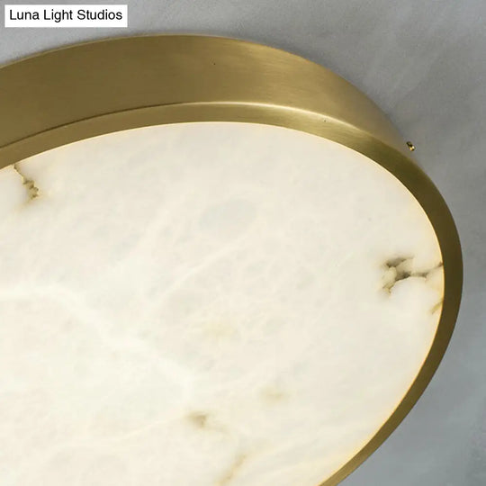 Modern Round Led Flush Mount Ceiling Light With Marble Accents - Brass Finish
