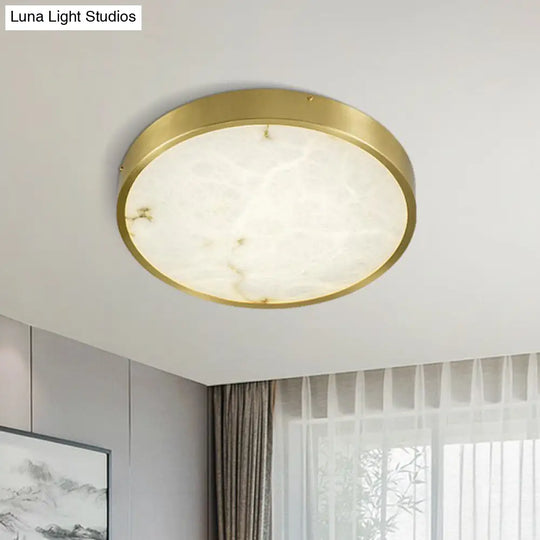 Modern Round Led Flush Mount Ceiling Light With Marble Accents - Brass Finish