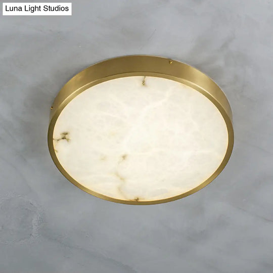 Modern Round Led Flush Mount Ceiling Light With Marble Accents - Brass Finish