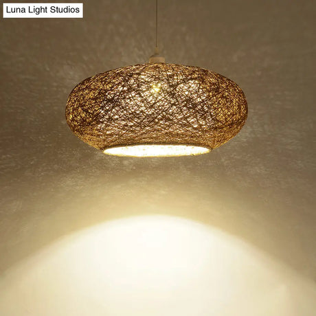 Modern Round Rattan Pendant Lamp In Dark Tan - Minimalist Tearoom Ceiling Light