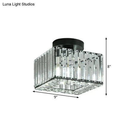Modern Round/Square Shade Porch Flush Light Fixture With Clear Faceted Crystals - Black Canopy