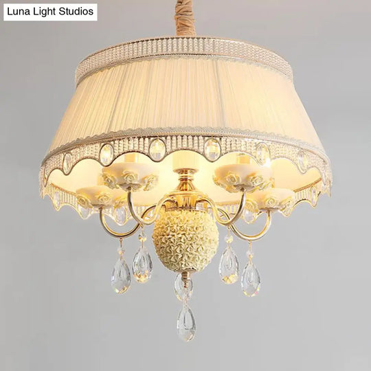 Modern Scalloped Chandelier: 5 Heads Pink/Blue/Purple Fabric Hanging Ceiling Light With Crystal
