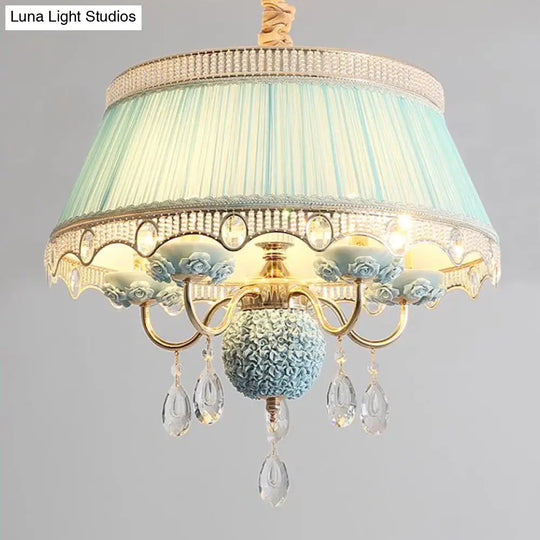 Modern Scalloped Chandelier: 5 Heads Pink/Blue/Purple Fabric Hanging Ceiling Light With Crystal