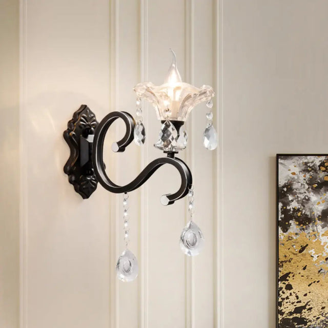 Modern Scalloped Crystal Wall Lamp With Curved Arm In Black 1 /