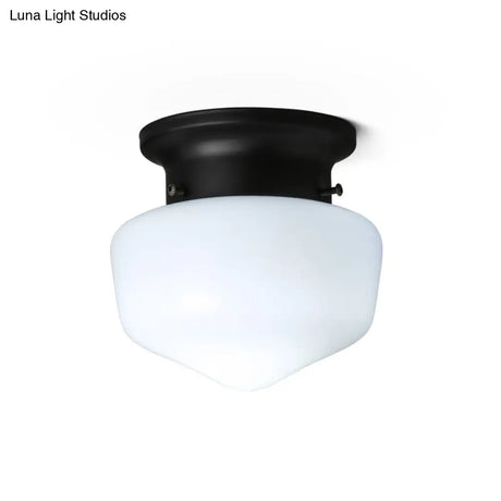 Modern Schoolhouse - White Glass Flush Mount Ceiling Light Fixture Black Finish