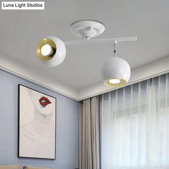 Modern Semi Flush Globe Light Fixture - White Finish 2 - Light Ceiling - Mounted Lamp With Metallic