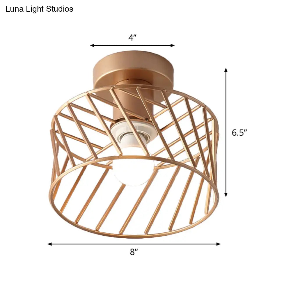 Modern Semi-Flush Gold Drum Cage Light Fixture For Corridor