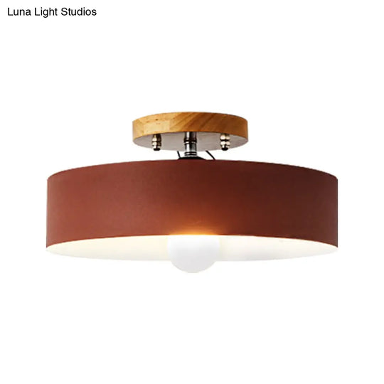 Modern Semi-Mount Drum Light: 1-Light 12 W Metal Fixture In Gray/White/Red/Pink For Living Room