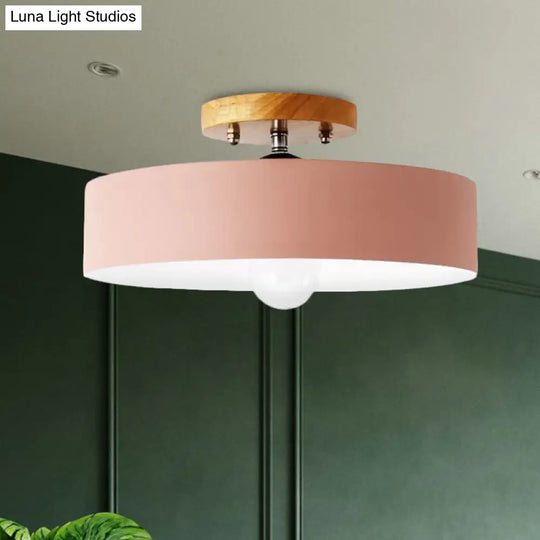 Modern Semi-Mount Drum Light: 1-Light 12 W Metal Fixture In Gray/White/Red/Pink For Living Room