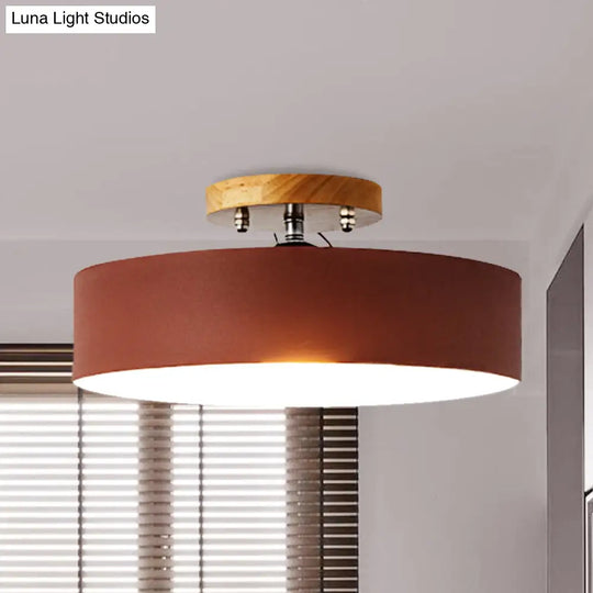 Modern Semi-Mount Drum Light: 1-Light 12 W Metal Fixture In Gray/White/Red/Pink For Living Room