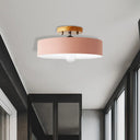 Modern Semi-Mount Drum Light: 1-Light 12’ W Metal Fixture In Gray/White/Red/Pink For Living Room