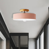 Modern Semi-Mount Drum Light: 1-Light 12’ W Metal Fixture In Gray/White/Red/Pink For Living Room