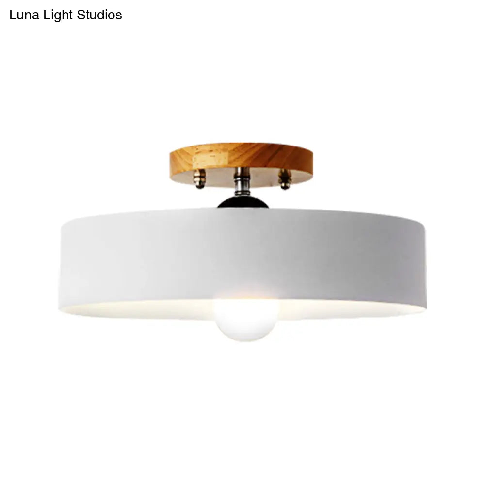 Modern Semi-Mount Drum Light: 1-Light 12’ W Metal Fixture In Gray/White/Red/Pink For Living Room