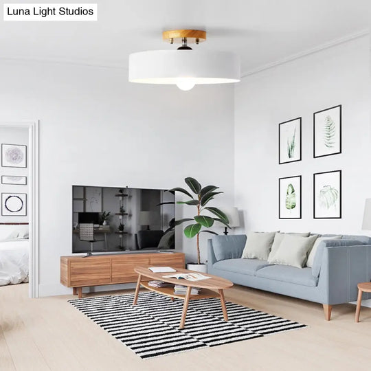 Modern Semi-Mount Drum Light: 1-Light 12 W Metal Fixture In Gray/White/Red/Pink For Living Room
