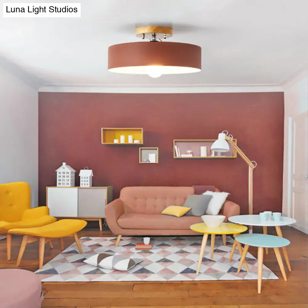 Modern Semi-Mount Drum Light: 1-Light 12 W Metal Fixture In Gray/White/Red/Pink For Living Room