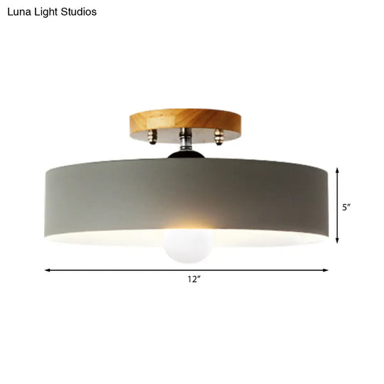 Modern Semi-Mount Drum Light: 1-Light 12 W Metal Fixture In Gray/White/Red/Pink For Living Room