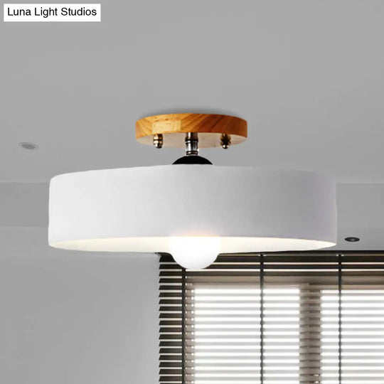 Modern Semi-Mount Drum Light: 1-Light 12’ W Metal Fixture In Gray/White/Red/Pink For Living Room