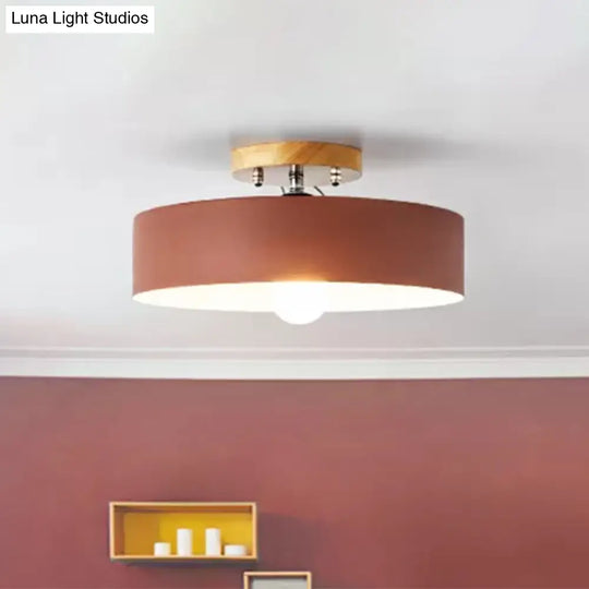Modern Semi-Mount Drum Light: 1-Light 12’ W Metal Fixture In Gray/White/Red/Pink For Living Room