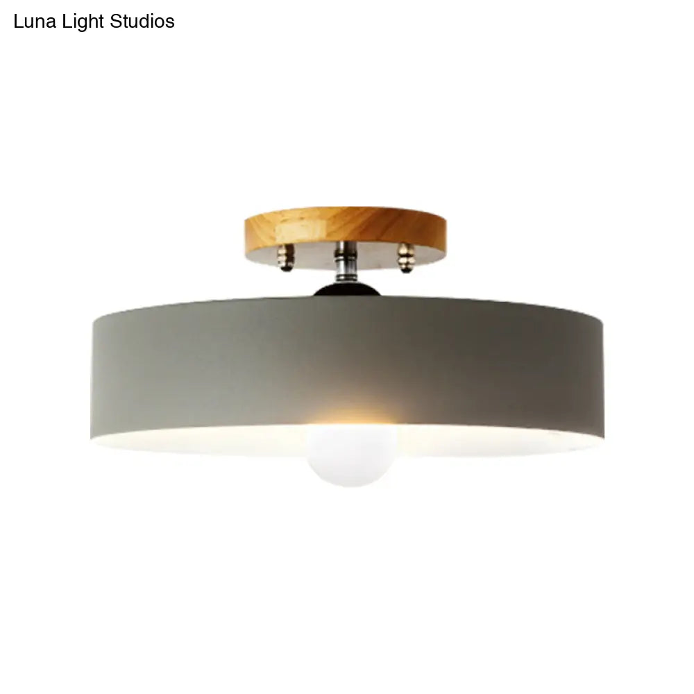 Modern Semi-Mount Drum Light: 1-Light 12’ W Metal Fixture In Gray/White/Red/Pink For Living Room