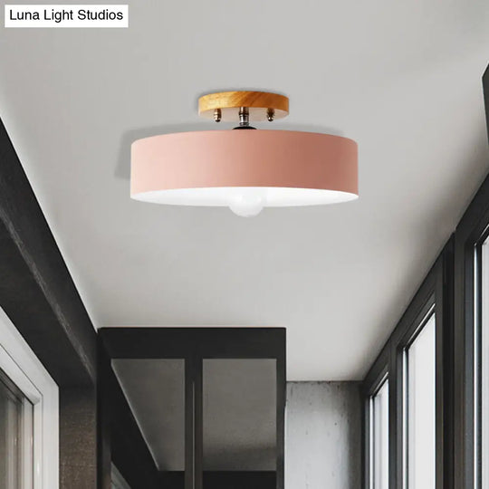 Modern Semi-Mount Drum Light: 1-Light 12 W Metal Fixture In Gray/White/Red/Pink For Living Room