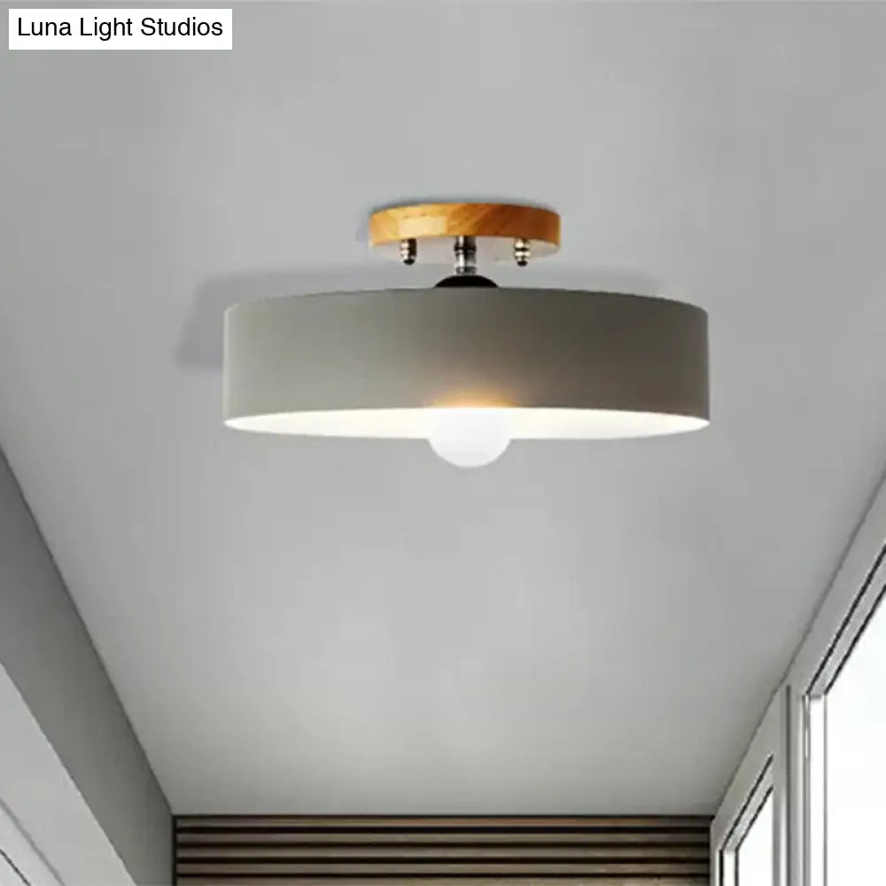 Modern Semi-Mount Drum Light: 1-Light 12’ W Metal Fixture In Gray/White/Red/Pink For Living Room