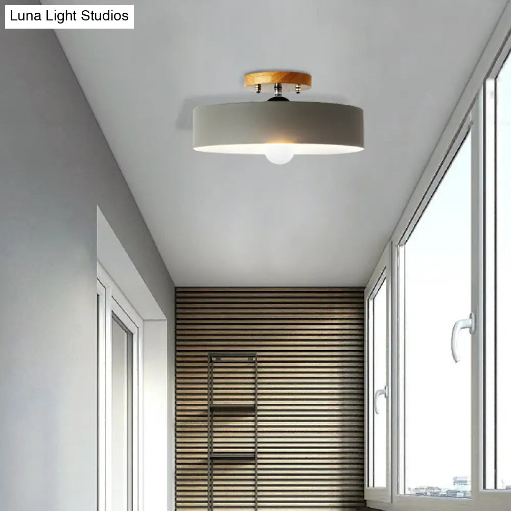 Modern Semi-Mount Drum Light: 1-Light 12 W Metal Fixture In Gray/White/Red/Pink For Living Room
