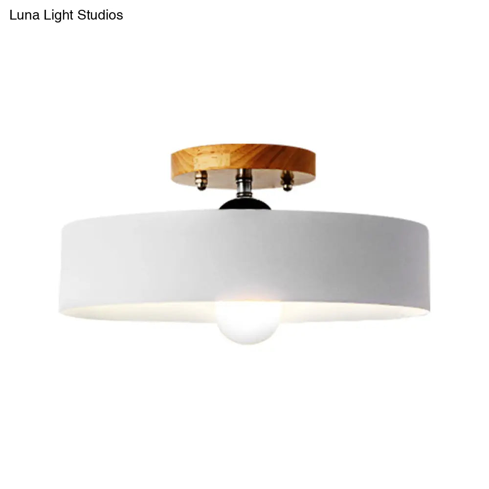 Modern Semi-Mount Drum Light: 1-Light 12 W Metal Fixture In Gray/White/Red/Pink For Living Room